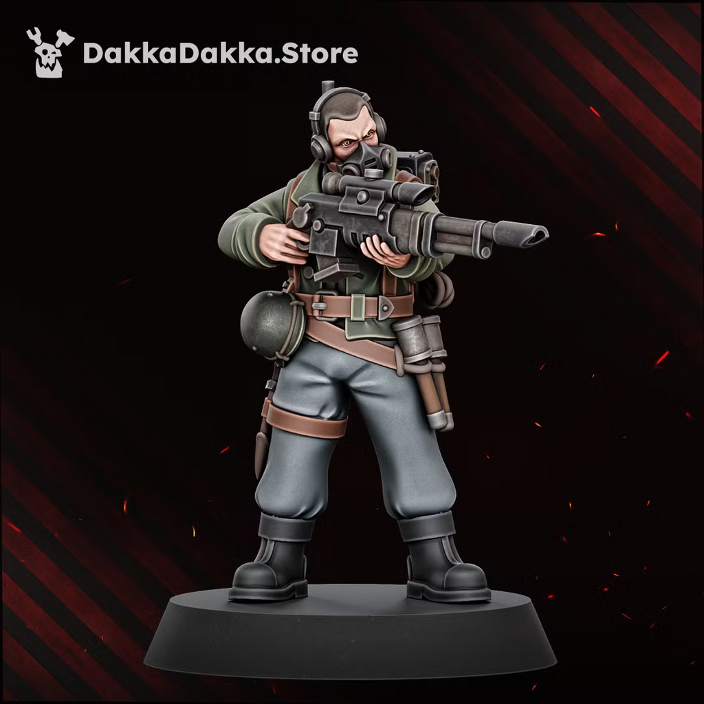 Painted Doomsday Veteran monopose miniature with a long-barrel sci-fi firearm, helmet, and utility gear.