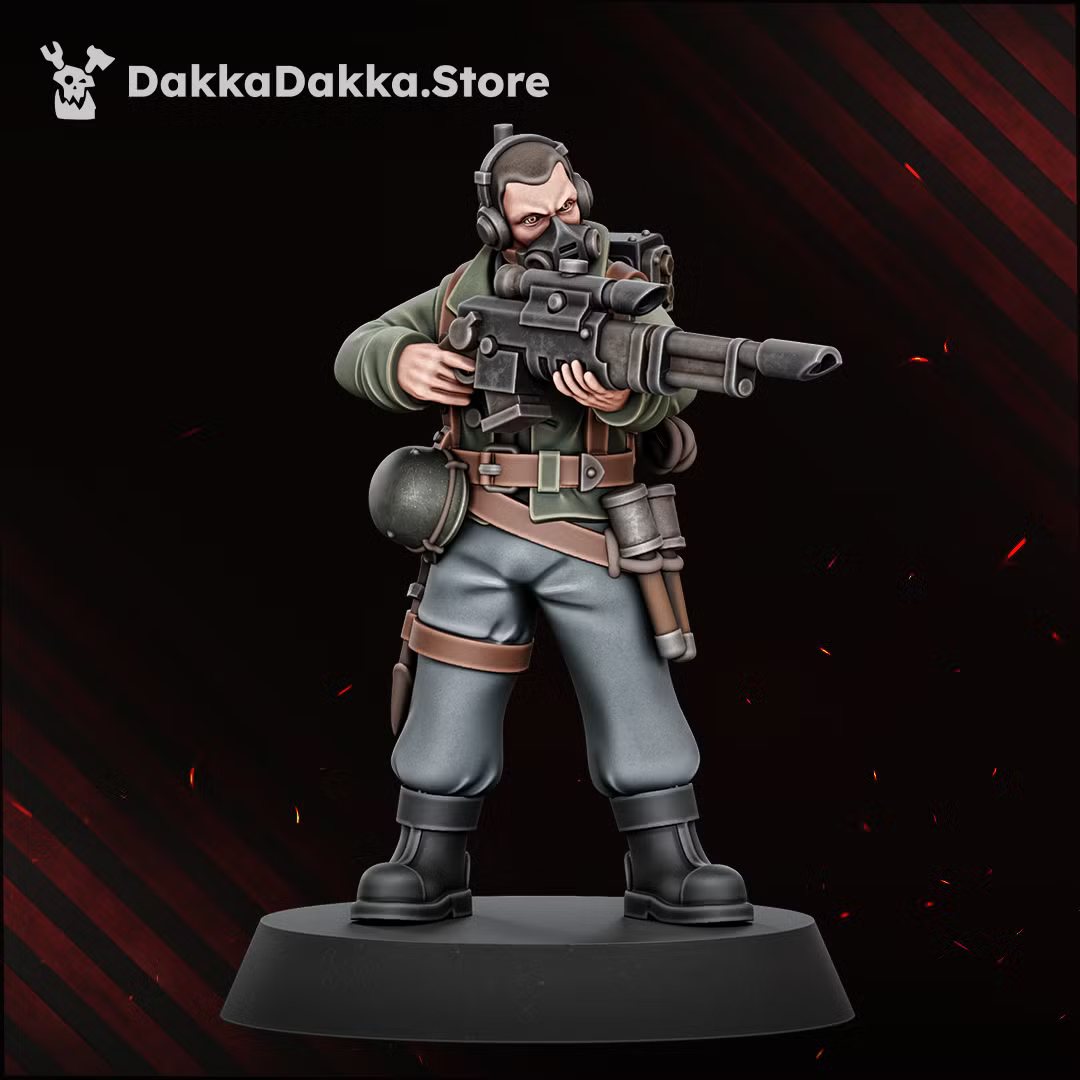Painted Doomsday Veteran monopose miniature with a long-barrel sci-fi firearm, helmet, and utility gear.