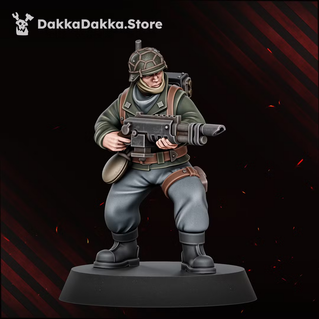 Painted kneeling Doomsday Veteran monopose miniature carrying a heavy sci-fi firearm.