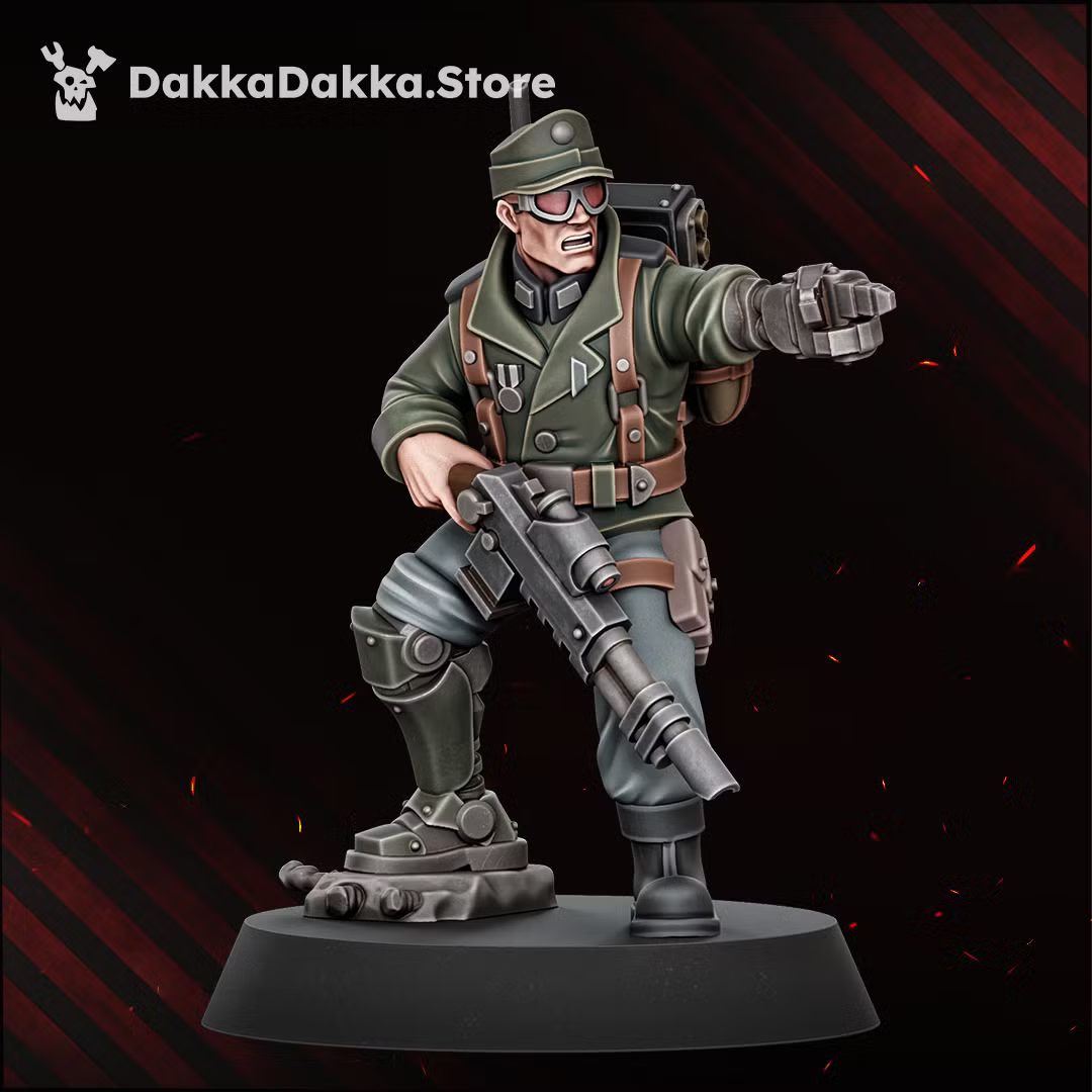 Painted Doomsday Veteran monopose miniature with a compact sci-fi firearm, field binoculars, and specialist equipment.