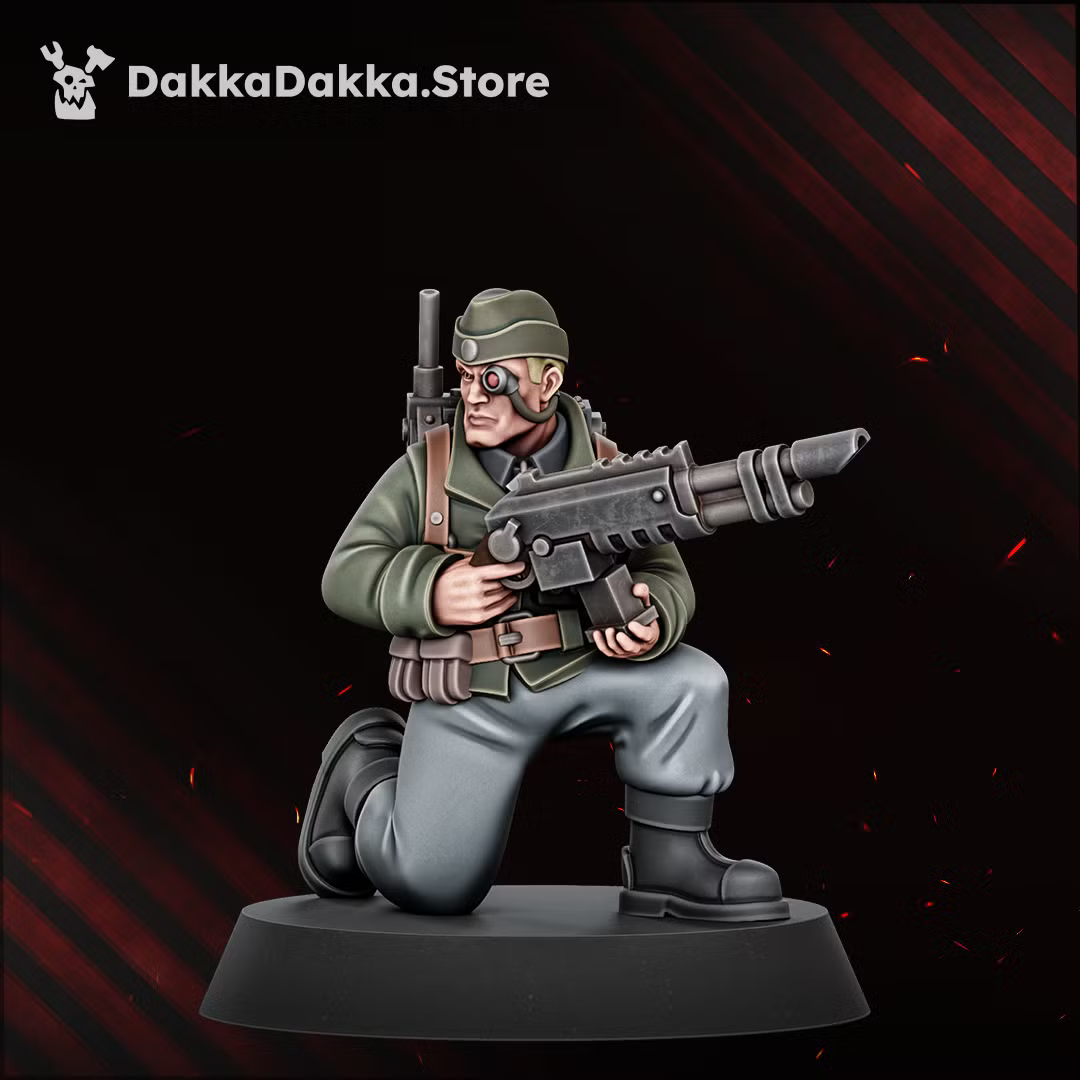 Painted Doomsday Veteran monopose miniature with a heavy support weapon and field gear.