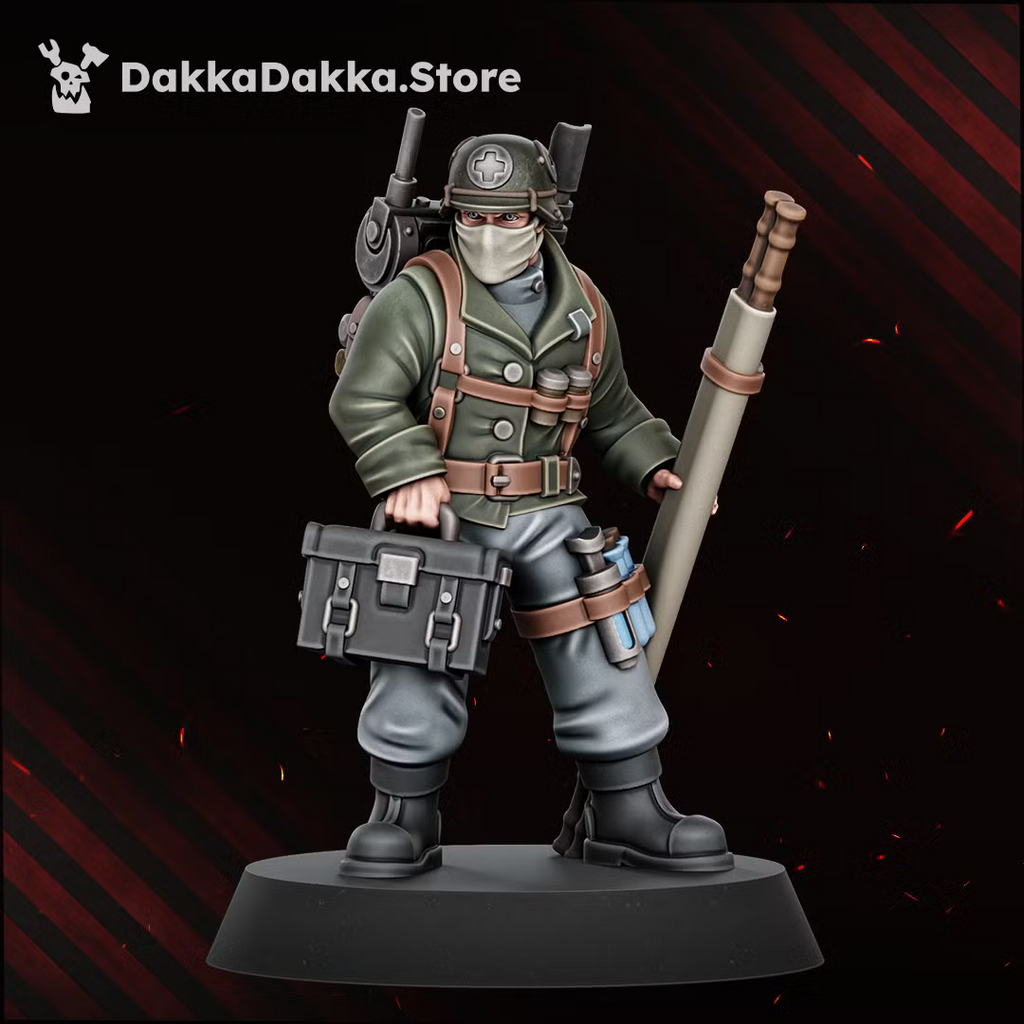 Painted kneeling Doomsday Veteran monopose miniature with a double-barrel sci-fi weapon and field pack.
