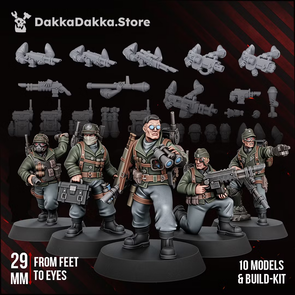 Doomsday Veterans Brigade sci-fi infantry squad, showing veteran soldiers, modular weapon choices, 29mm feet-to-eyes scale, and the 10-model monopose and build-kit options.