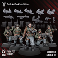 Doomsday Veterans Brigade sci-fi infantry squad, showing veteran soldiers, modular weapon choices, 29mm feet-to-eyes scale, and the 10-model monopose and build-kit options.