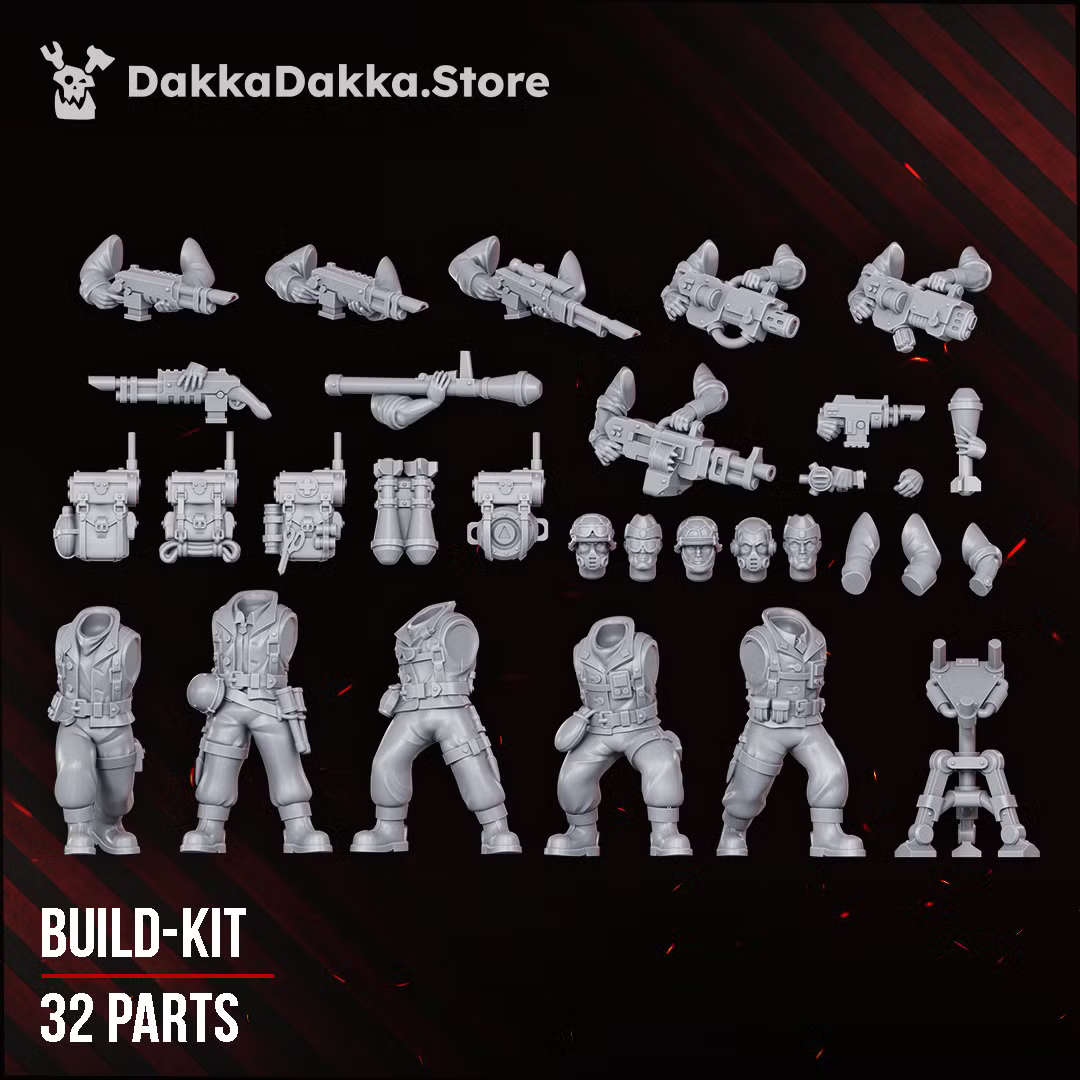 Full 32-part modular build kit for the Doomsday Veterans Brigade, showing bodies, heads, arms, weapons, backpacks, and battlefield beacon.