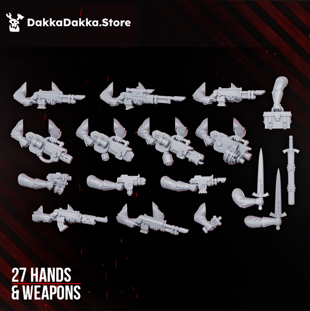 Doomsday Infantry modular arms and weapons by DakkaDakka, showing 27 hands and weapon options including rifles, pistols, swords, and specialist gear.
