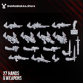 Doomsday Infantry modular arms and weapons by DakkaDakka, showing 27 hands and weapon options including rifles, pistols, swords, and specialist gear.