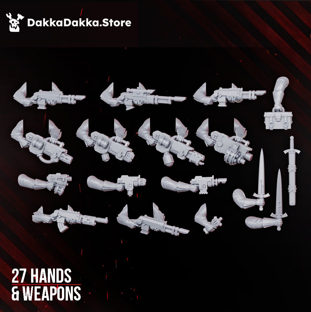 Doomsday Infantry modular arms and weapons by DakkaDakka, showing 27 hands and weapon options including rifles, pistols, swords, and specialist gear.