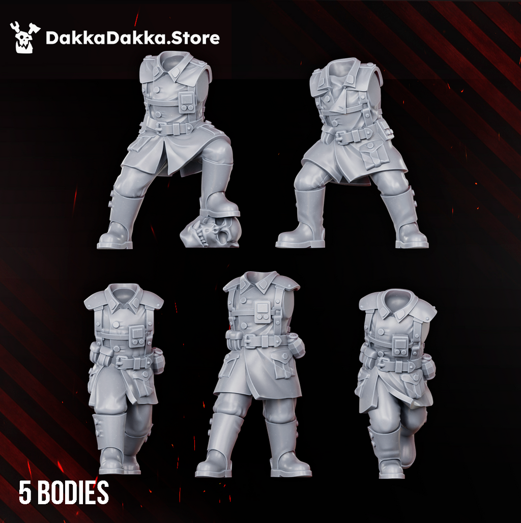 Five modular Doomsday Infantry bodies by DakkaDakka, showing sci-fi soldier coats, boots, belts, and tactical uniform details.