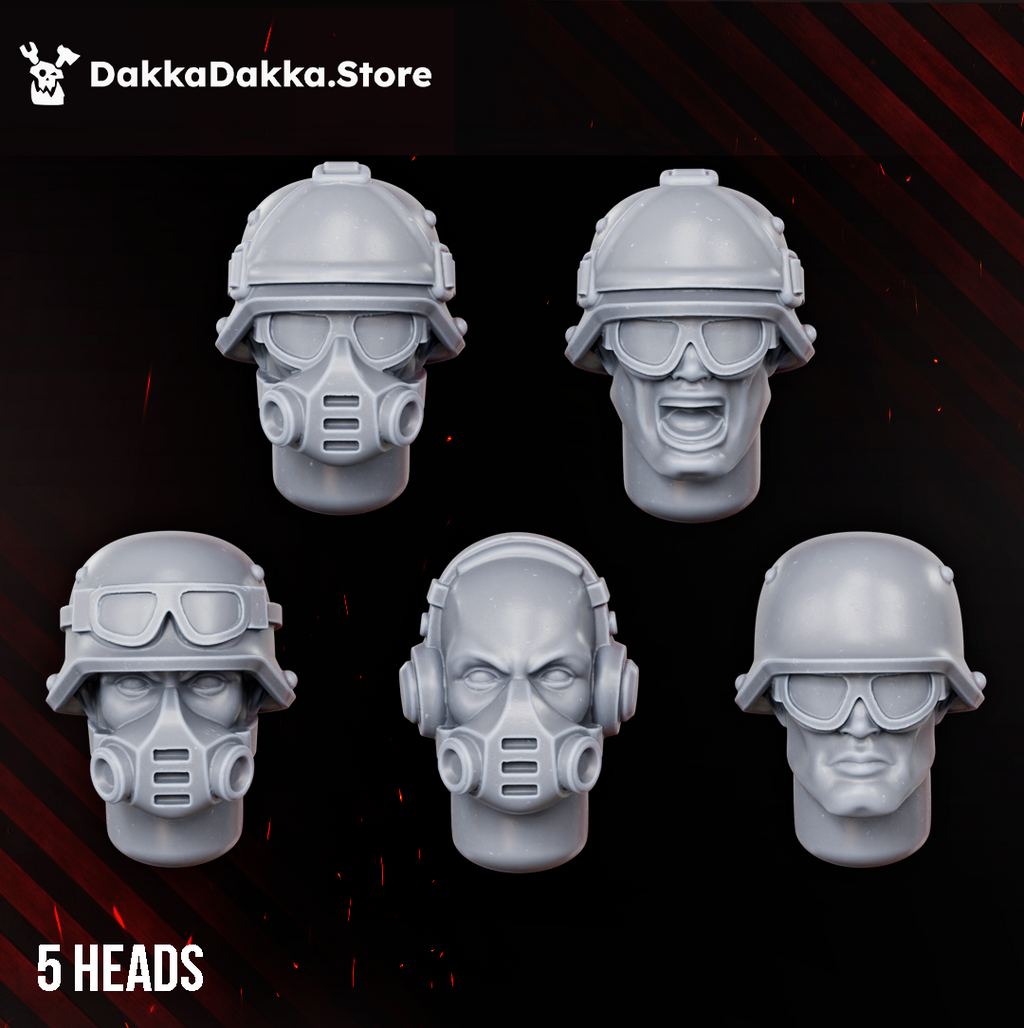Five Doomsday Infantry head options by DakkaDakka, including helmeted, goggled, gas mask, and bare sci-fi soldier heads.