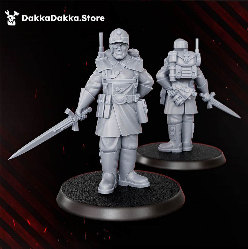 Doomsday Infantry officer by DakkaDakka, standing with a sword, sidearm, helmet, field coat, and command-style pose.