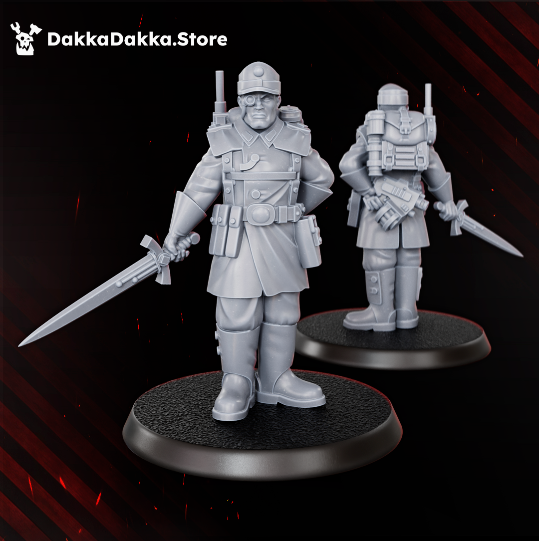 Doomsday Infantry officer by DakkaDakka, standing with a sword, sidearm, helmet, field coat, and command-style pose.
