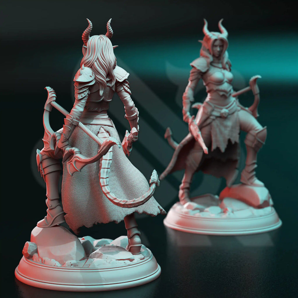 Rear view of Elkava of the Sixth Deception Huntress by DM Stash, tiefling ranger miniature with cloak, bow, tail, armor, and scenic base.