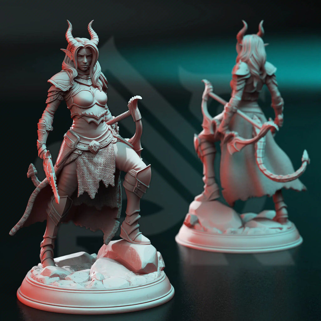 Front view of Elkava of the Sixth tiefling huntress miniature by DM Stash, armored fantasy ranger with bow, dagger, horns, tail, and rocky base.