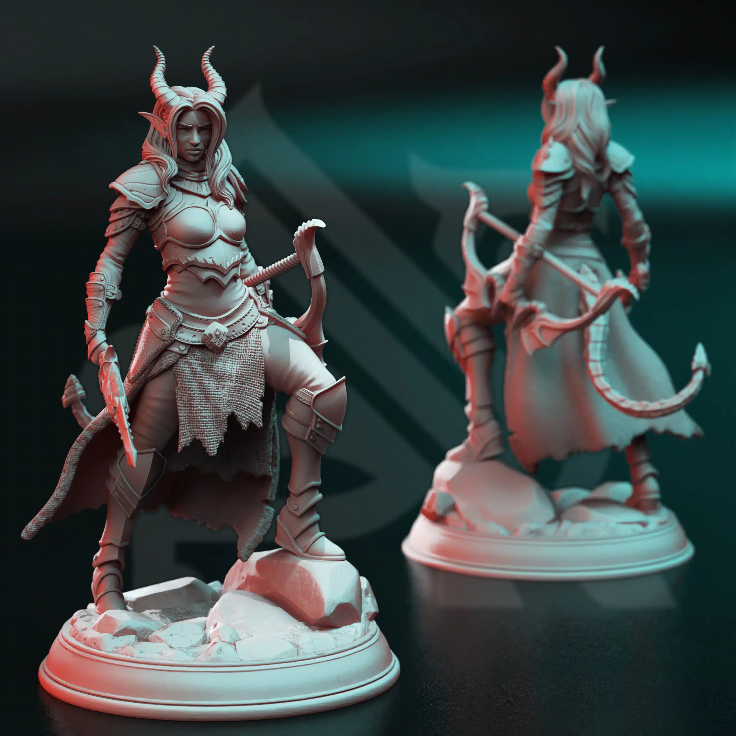 Front view of Elkava of the Sixth tiefling huntress miniature by DM Stash, armored fantasy ranger with bow, dagger, horns, tail, and rocky base.