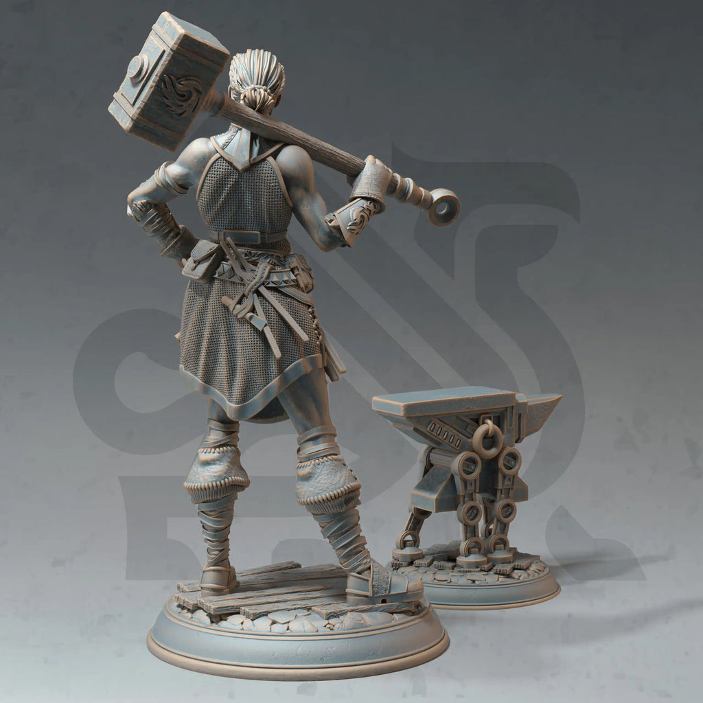 Rear view of Em Oddflame human artificer miniature by DM Stash, showing hammer, work apron, tool belt, boots, and fantasy RPG base.