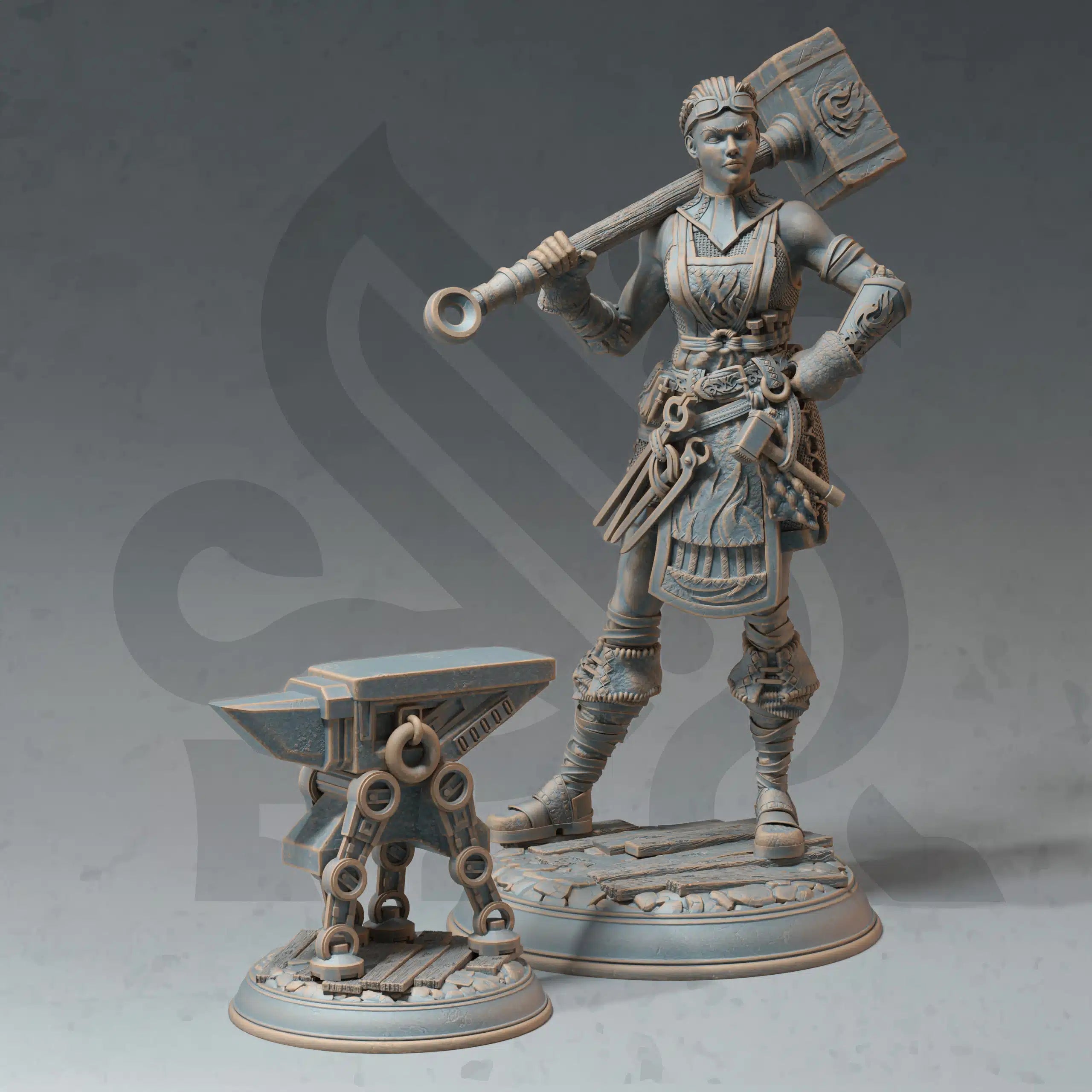 Em Oddflame Aspiring Artificer human blacksmith miniature by DM Stash, resin printed fantasy RPG artificer with hammer and anvil.