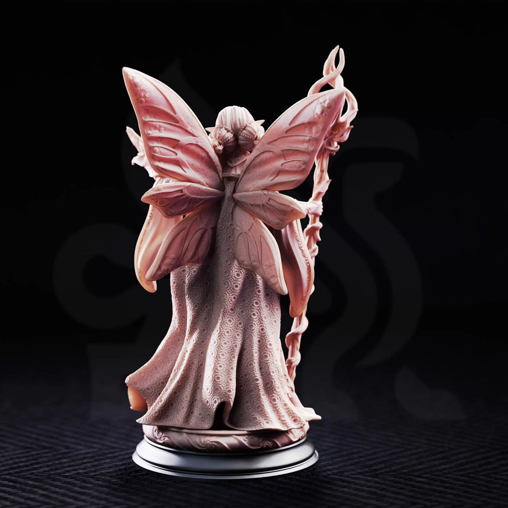 Rear view of Feena Fairy Godmother by DM Stash, showing detailed fairy wings, flowing robe texture, staff, and elegant fantasy character sculpting.