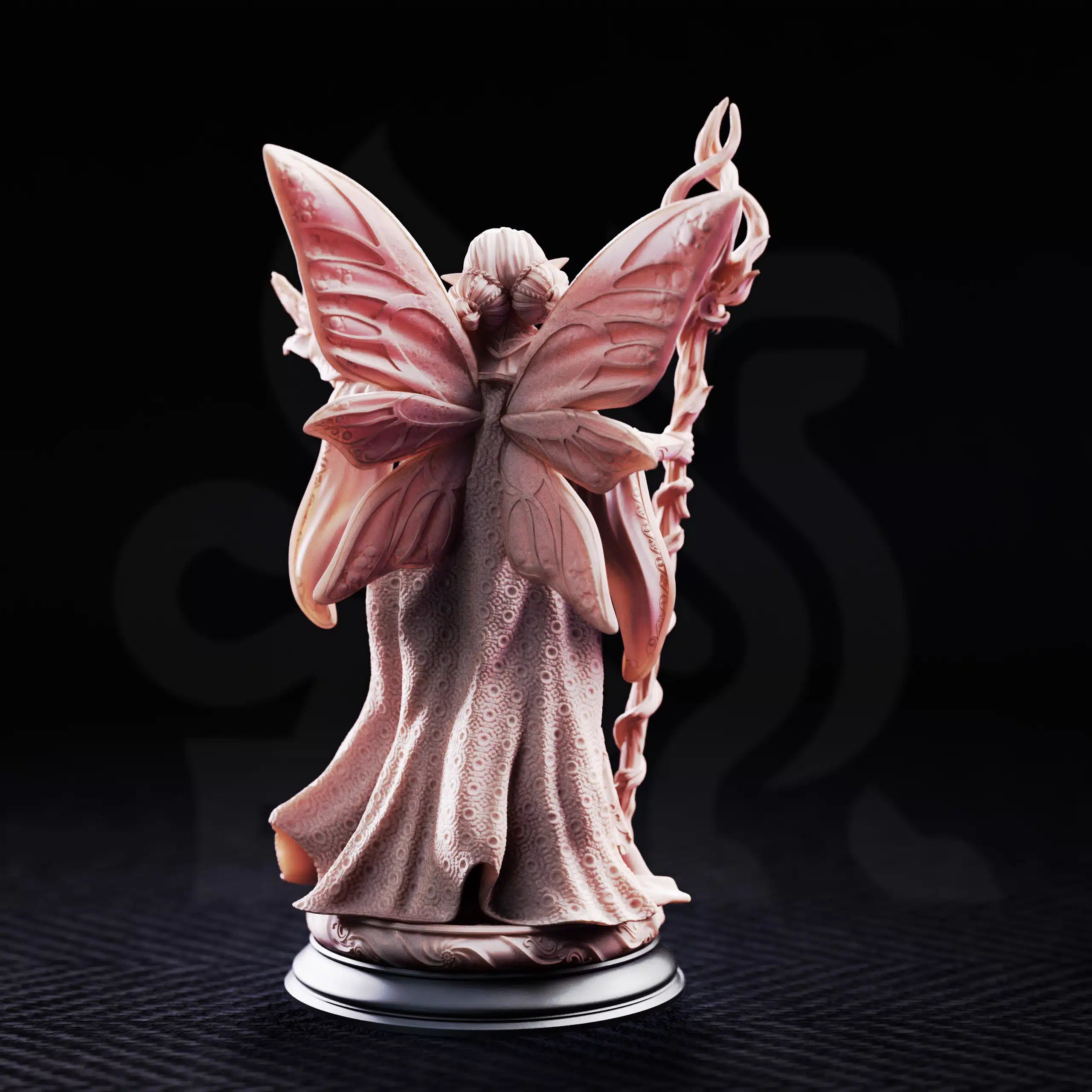 Rear view of Feena Fairy Godmother by DM Stash, showing detailed fairy wings, flowing robe texture, staff, and elegant fantasy character sculpting.