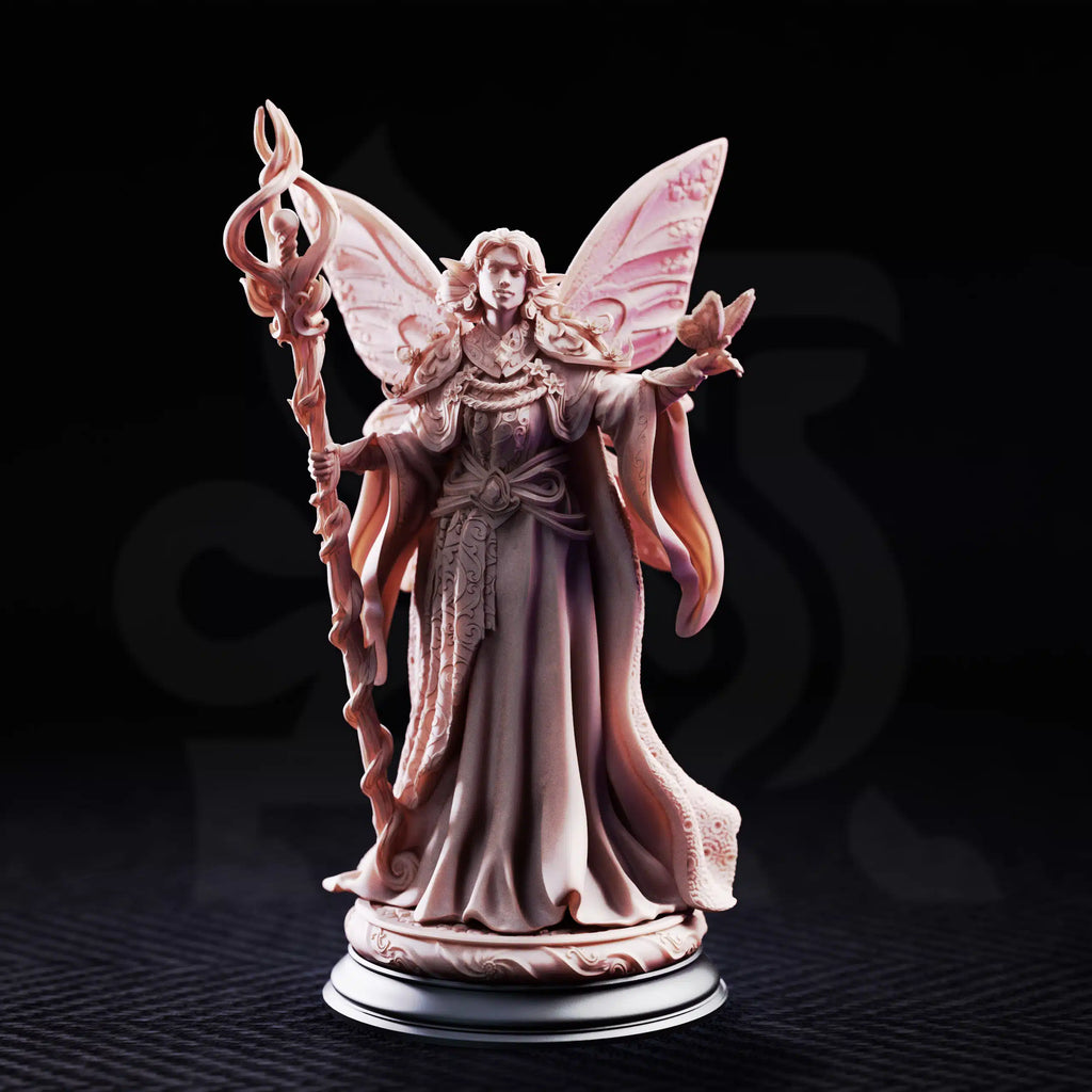 Front view of Feena Fairy Godmother by DM Stash, showing a fey arcane caster with large wings, ornate staff, butterfly detail, and flowing robes.
