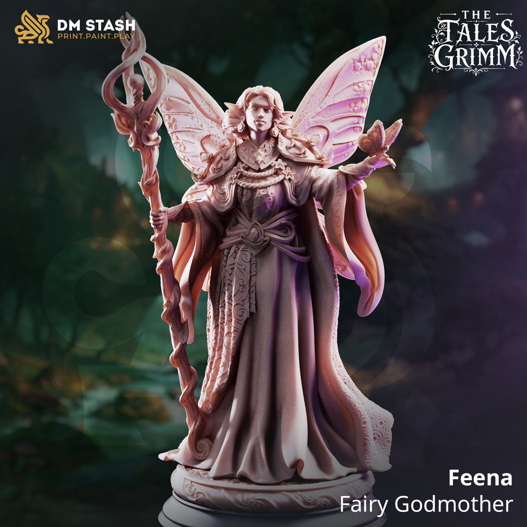 Feena Fairy Godmother miniature by DM Stash, shown with large fairy wings, ornate staff, butterfly familiar, flowing robes, and fantasy RPG details.