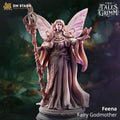 Feena Fairy Godmother miniature by DM Stash, shown with large fairy wings, ornate staff, butterfly familiar, flowing robes, and fantasy RPG details.