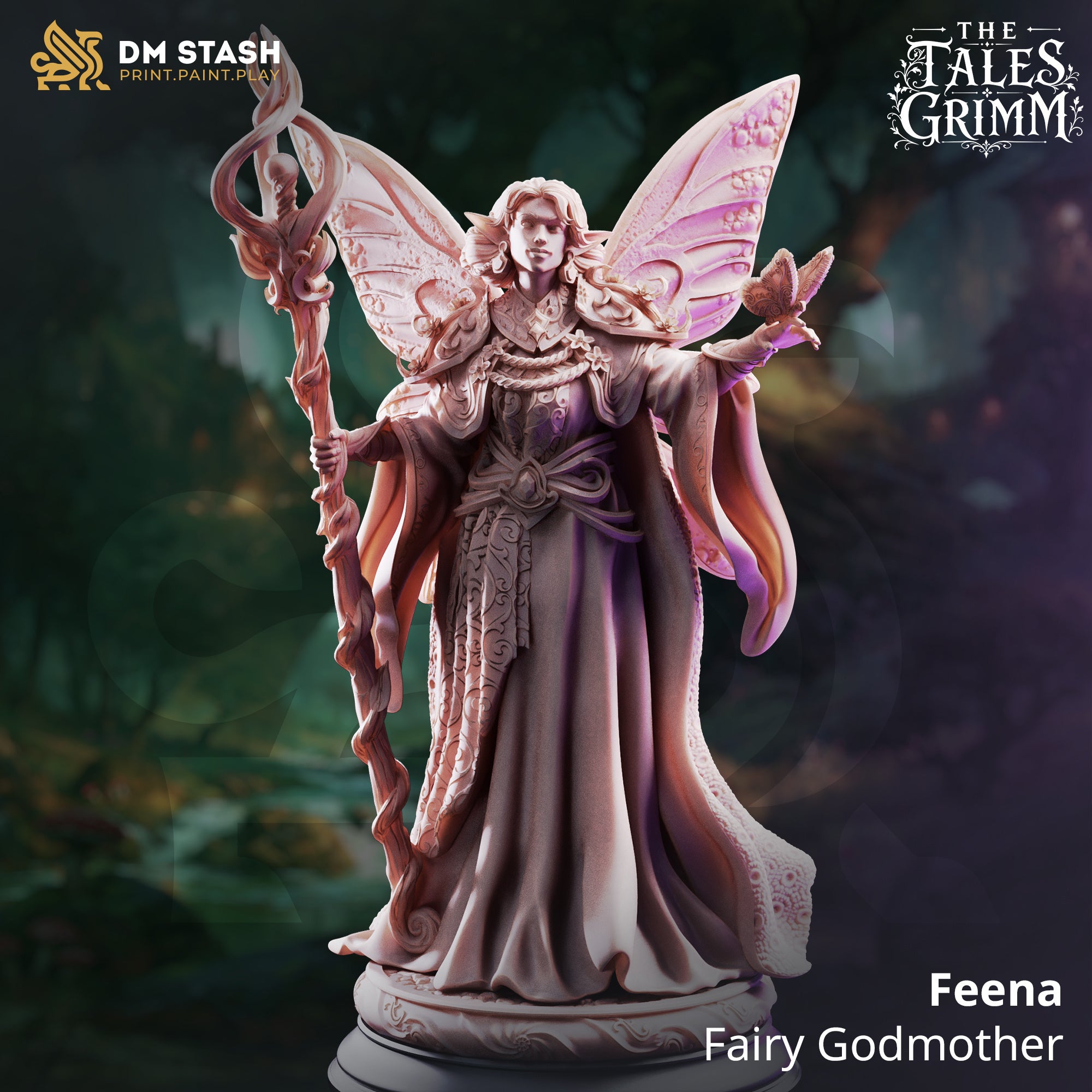 Feena Fairy Godmother miniature by DM Stash, shown with large fairy wings, ornate staff, butterfly familiar, flowing robes, and fantasy RPG details.