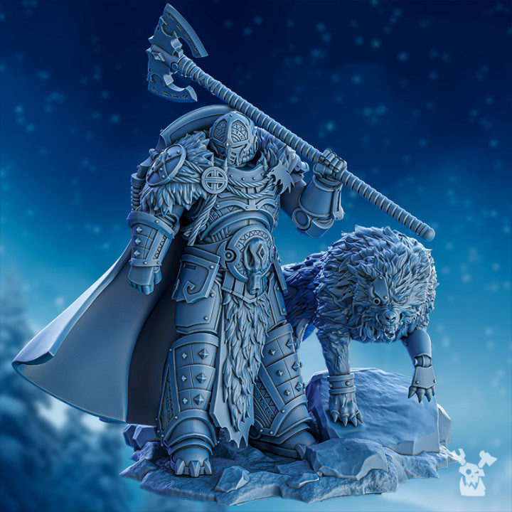 Fein’ar the Wolfborn StormBringers 2 miniature by DakkaDakka, shown with heavy armor, massive axe, wolf companion, fur cloak, and rocky scenic base.