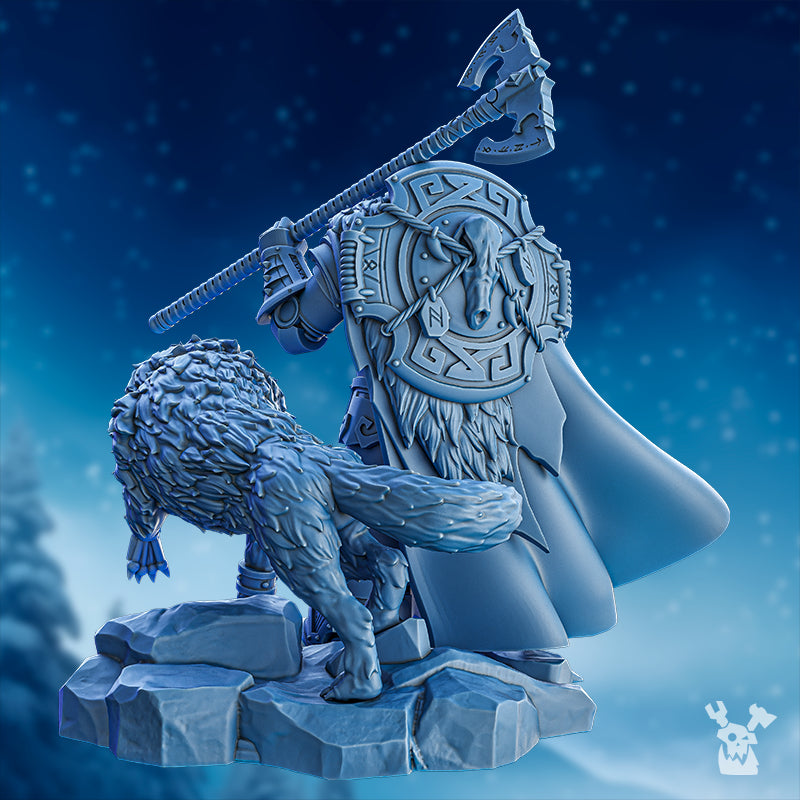 Rear view of Fein’ar the Wolfborn by DakkaDakka, showing the wolf companion, large axe, cloak, fur armor, shield details, and rocky scenic base.