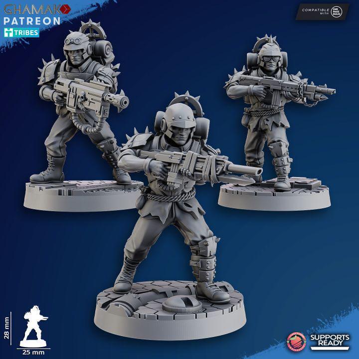 Close-up detail of the fixed monopose heavy armor and integrated flight thrusters on a Fell Strike soldier