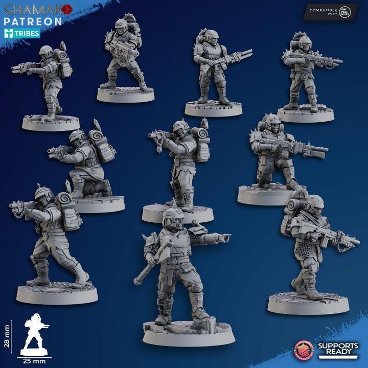 Fell Strike Squad of monopose miniatures by Ghamak featuring heavy sci-fi jump infantry in dynamic flight poses