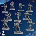 Fell Strike Squad of monopose miniatures by Ghamak featuring heavy sci-fi jump infantry in dynamic flight poses