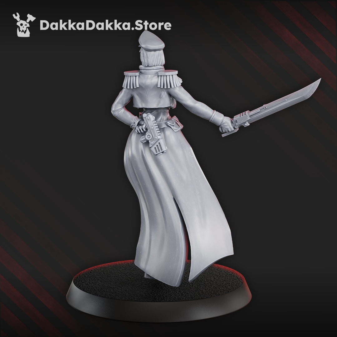 Rear view of Female Commissar by DakkaDakka, showing long flowing coat, officer uniform details, pistol, sword arm, and shoulder epaulettes.