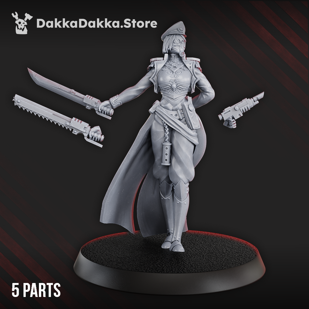 Female Commissar sci-fi resin miniature by DakkaDakka, shown with separate weapon arms, officer cap, flowing coat, sword, and pistol option.