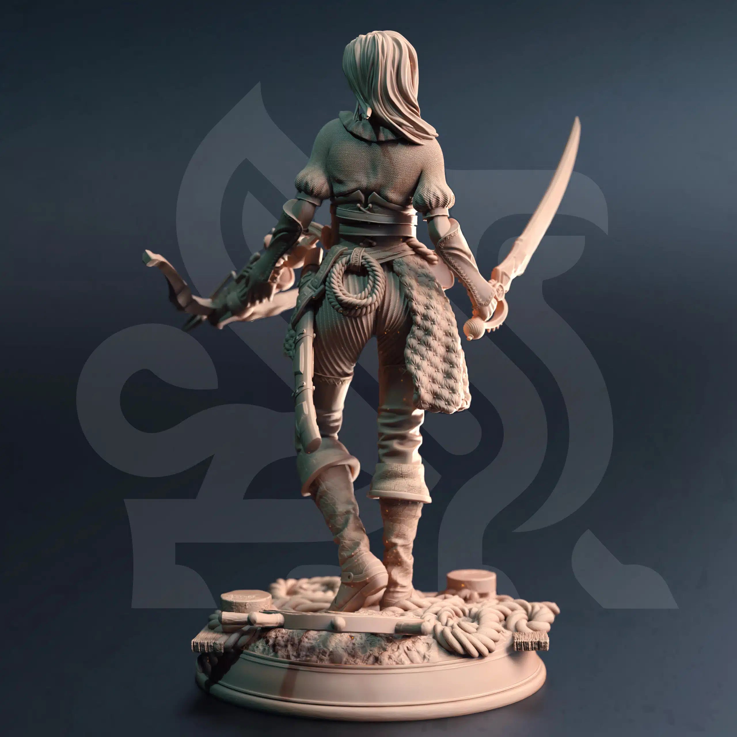 Rear view of Filandira The Bloodletter Buccaneer elf buccaneer miniature by DM Stash, resin printed tabletop RPG pirate NPC.