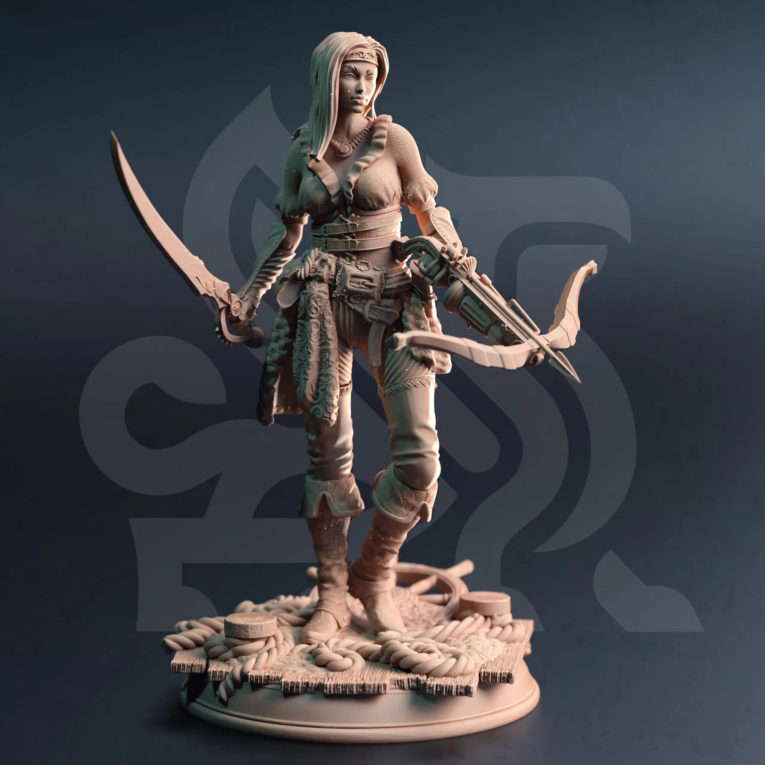 Filandira The Bloodletter Buccaneer elf rogue fighter miniature by DM Stash, resin printed fantasy pirate NPC for tabletop RPGs.