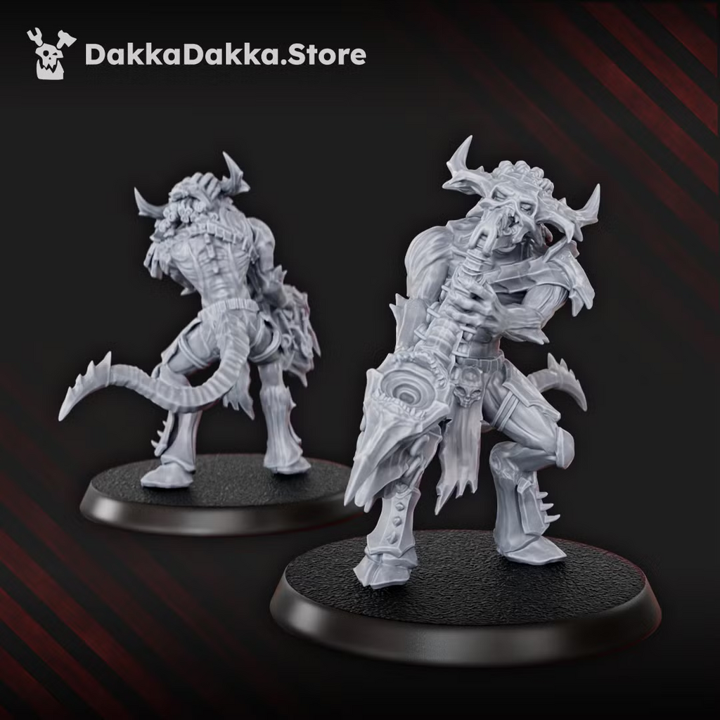 Front and rear views of a Flesh Daemon miniature carrying a large corrupted sci-fi firearm.