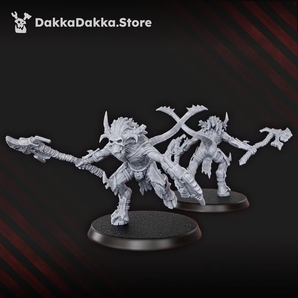 Front and rear views of a Flesh Daemon miniature in a running pose with a long corrupted weapon.