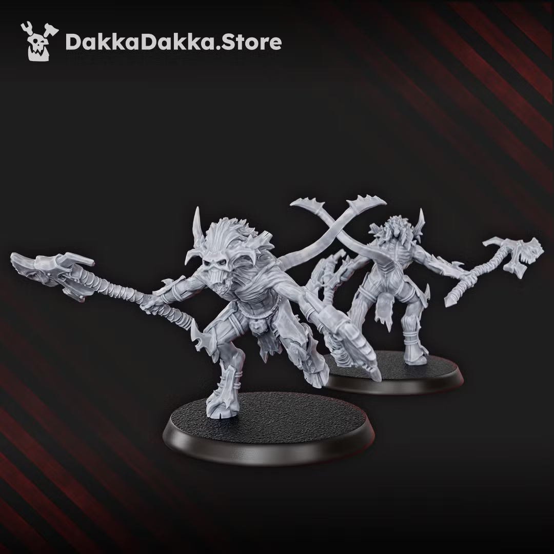 Front and rear views of a Flesh Daemon miniature in a running pose with a long corrupted weapon.
