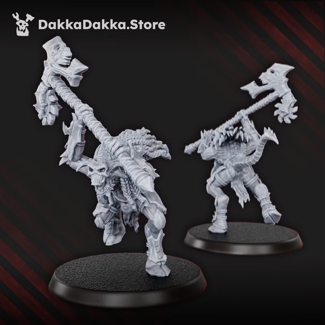 Front and rear views of a Flesh Daemon miniature with a long gun and mutated armor details.
