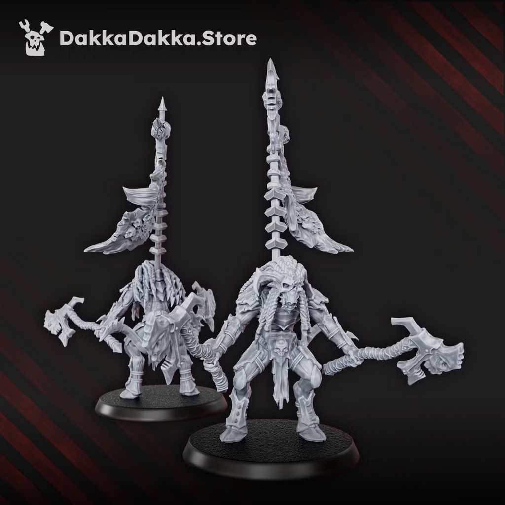 Front and rear views of a Flesh Daemon command miniature carrying a tall skull-topped staff and paired melee weapons.