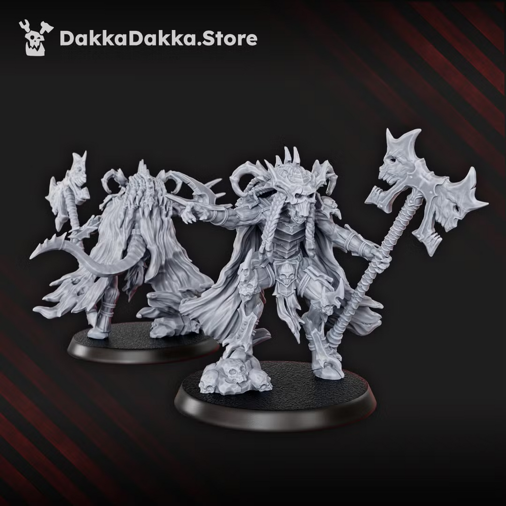 Front and rear views of a larger Flesh Daemon leader miniature with a skull-topped staff, flowing robes, and scenic base details.