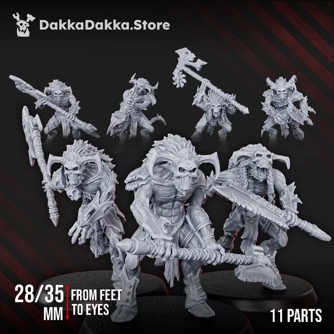 Close view of Flesh Daemon Squad miniatures with mutated armor, heavy weapons, and skull-topped melee gear, showing 28 to 35mm feet-to-eyes scale and 11-part callout.