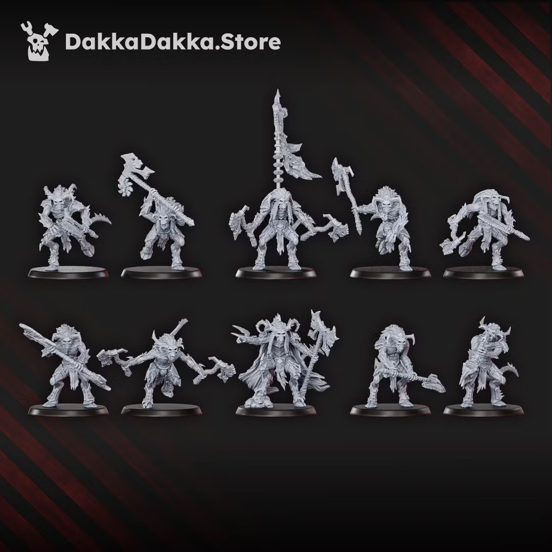 Full Flesh Daemon Squad of 10 corrupted sci-fi miniatures, showing varied horned creatures with ranged weapons, melee weapons, and command-style poses.