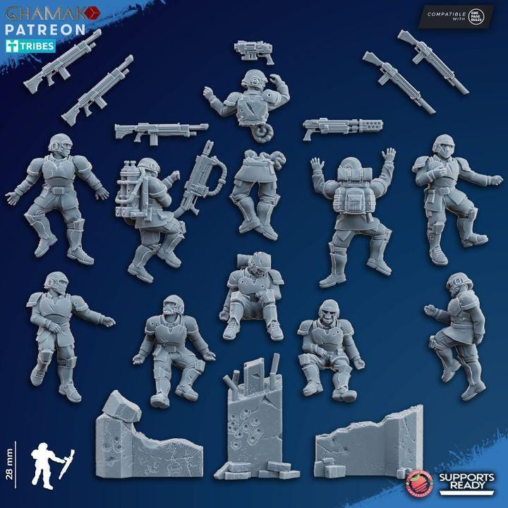 3D‑printed sci‑fi armored soldier casualty miniatures displayed in multiple poses with rifles, gear, and damaged wall terrain pieces.