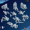 3D‑printed sci‑fi armored soldier casualty miniatures displayed in multiple poses with rifles, gear, and damaged wall terrain pieces arranged on a dark blue background.