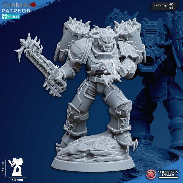 Close-up of Ghamak Chaos Vultures resin miniature showing corrupted armor, shoulder pad, and sculpted base detail