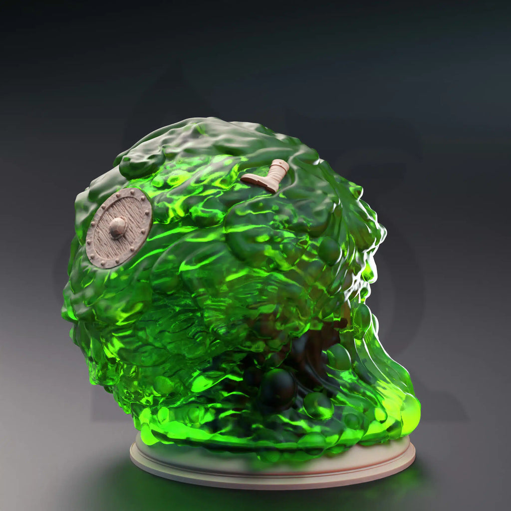 Gelatinous Sphere DM Stash ooze monster miniature side view with shield and boot