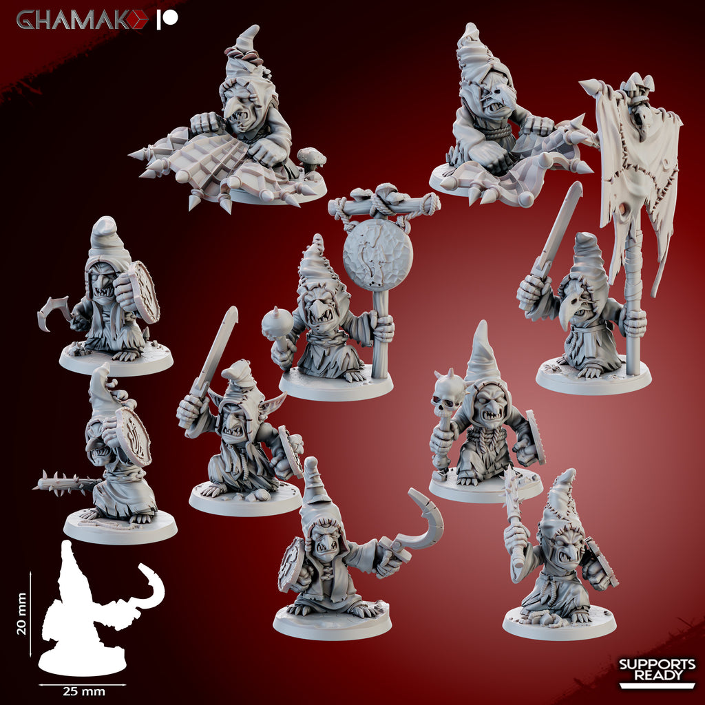 Death Caps fantasy resin miniatures by Ghamak, showing 10 small mushroom creature models printed by CeeForge for RPG encounters and painting projects.