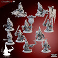 Death Caps fantasy resin miniatures by Ghamak, showing 10 small mushroom creature models printed by CeeForge for RPG encounters and painting projects.